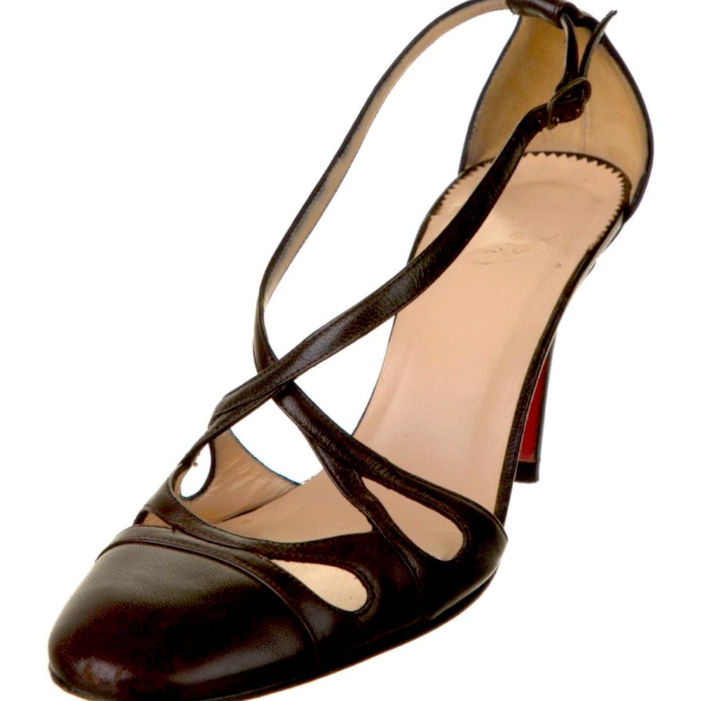 Christian Louboutin Brown Leather Strappy Heel 7.5 37.5 3.5” heel. GUC